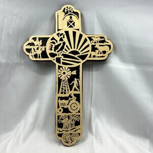 Handmade Large CROSS Scroll cut wood  tractor wheat farm scenes 17" x 11"